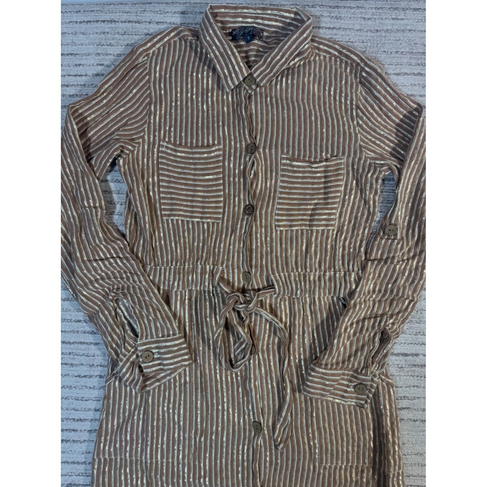 J Glee Womens Tan Gold Metallic Striped Button Down Shirt Dress Midi Small